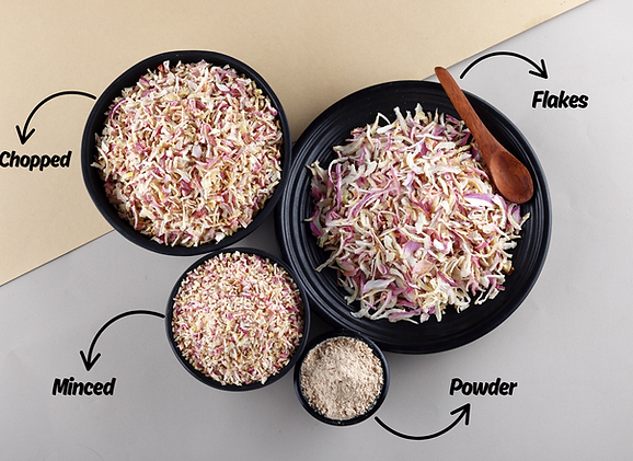 Various forms of dried pink and white onion, including chopped, flakes, minced, and powder.
