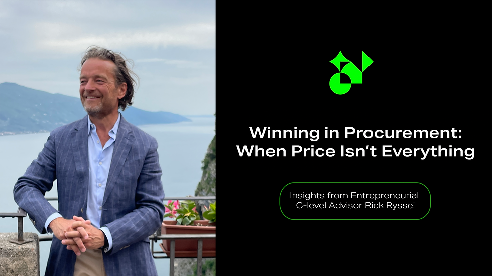 Smiling man in a blue suit stands by a railing with a scenic mountain and sea backdrop. Text: "Winning in Procurement: When Price Isn’t Everything."