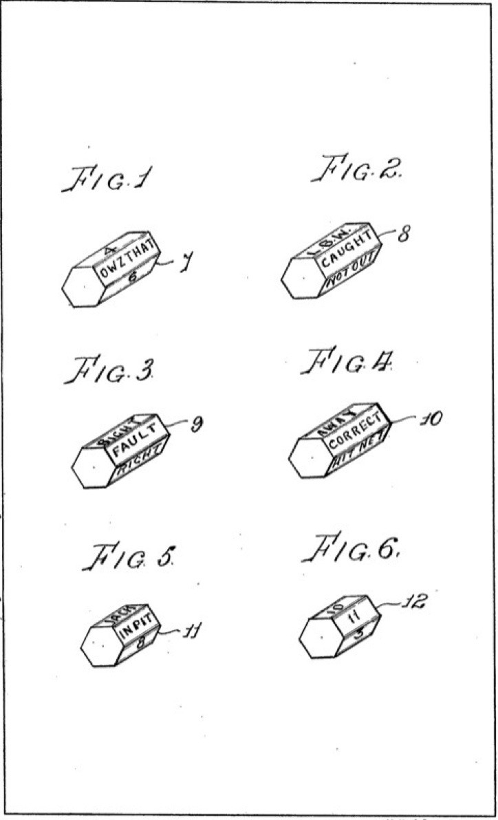 The drawing shows images of the “apparatus” adapted for cricket, Fig 1 & 2, tennis, Fig. 3 & 4, and bowls, Fig 5 and 6. For bowls just two rollers are illustrated but four were proposed, two for each player, as the best number with which to replicate the outdoor game.