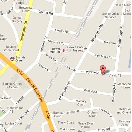 Google Map of 99 Myddleton Road, London N22