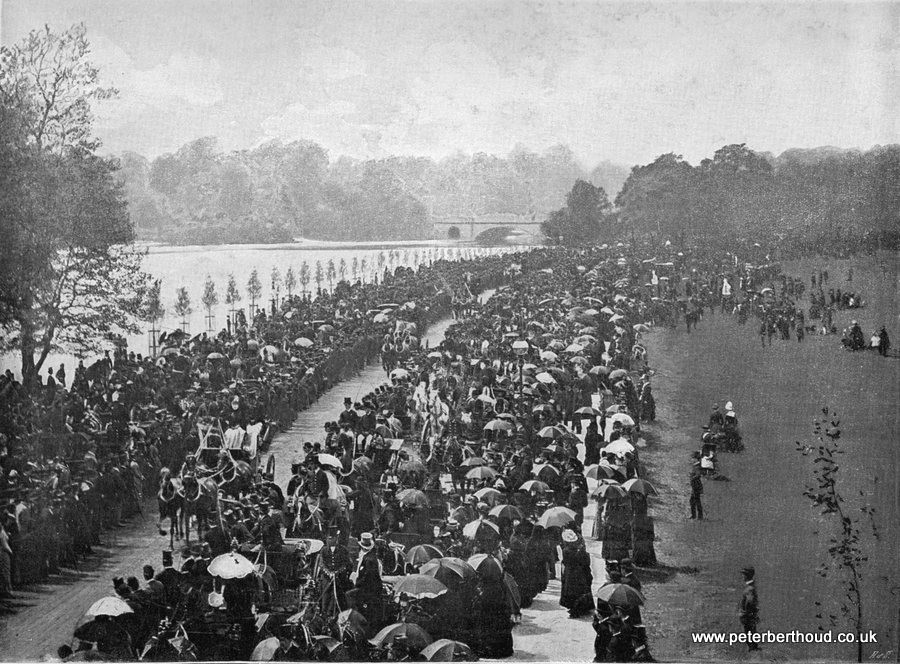 A meeting of The Coaching Club on the Ladies Mile, Hyde Park, circa 1896