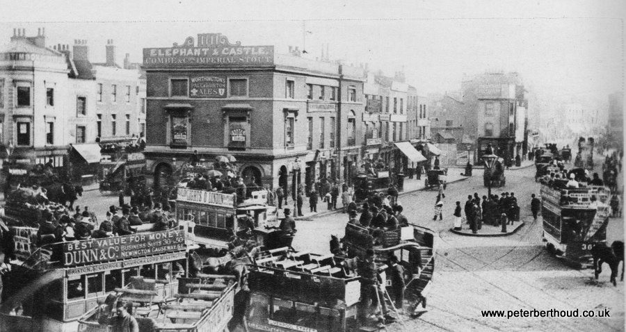 Horse-drawn trams at Elephant & Castle, circa 1880