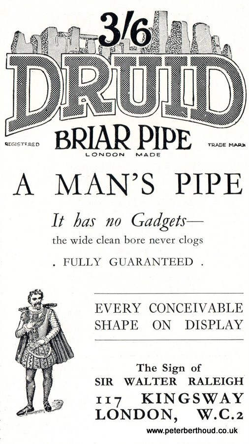 Druid Briar Pipe advertisement the sign of Sir Walter Raleigh, 117 Kingsway, London