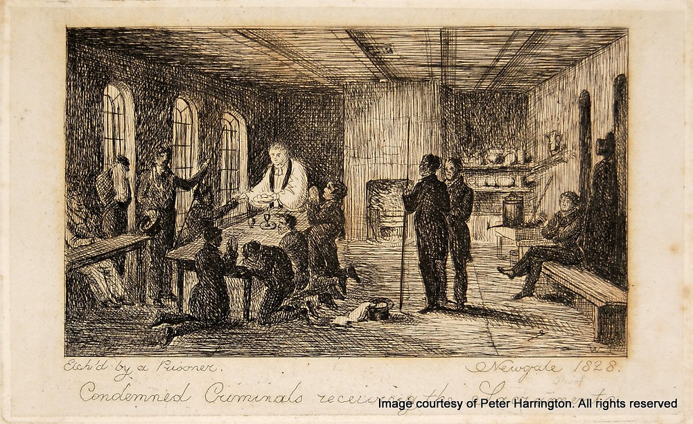 "Condemned Criminals receiving the Sacrament - Etched by a Prisoner - Newgate 1828"