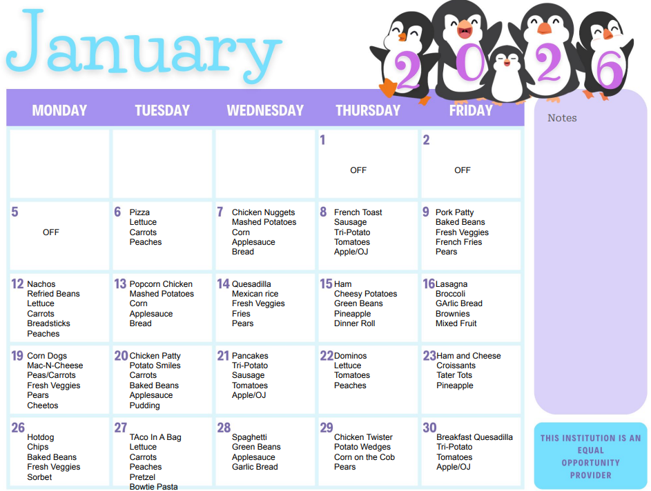 January 2026 Lunch Menu