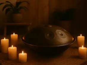 „432 Hz Handpan im Kerzenlicht – stimmungsvolle Szene für Klangheilung, Meditation und Sound Healing.“