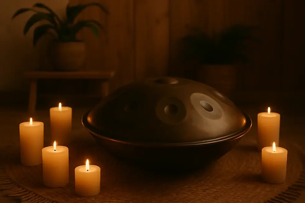 „432 Hz Handpan im Kerzenlicht – stimmungsvolle Szene für Klangheilung, Meditation und Sound Healing.“
