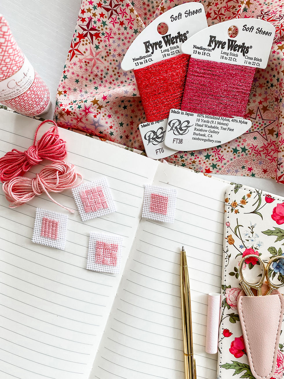 Needlepoint project planning notebook with stitch samples, a selection of yarns and a finishing fabric
