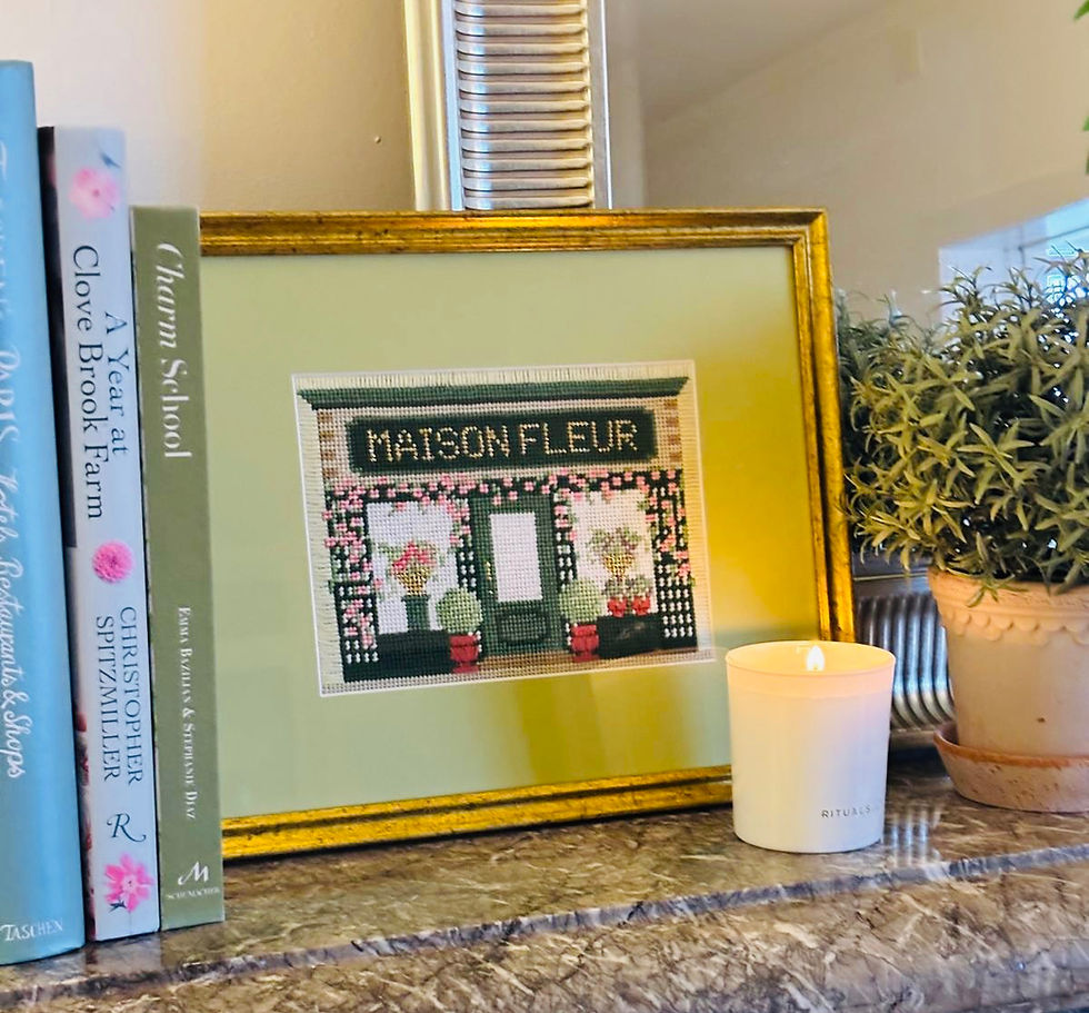 Maison Fleur needlepoint kit stitched and framed