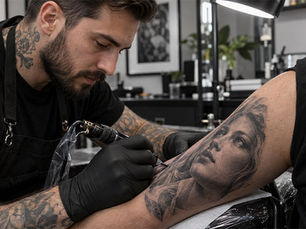 Tattoo artist inking a portrait on client's arm