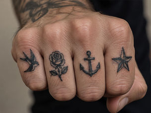 Traditional knuckle tattoos of a swallow, rose, anchor, and star on a clenched fist
