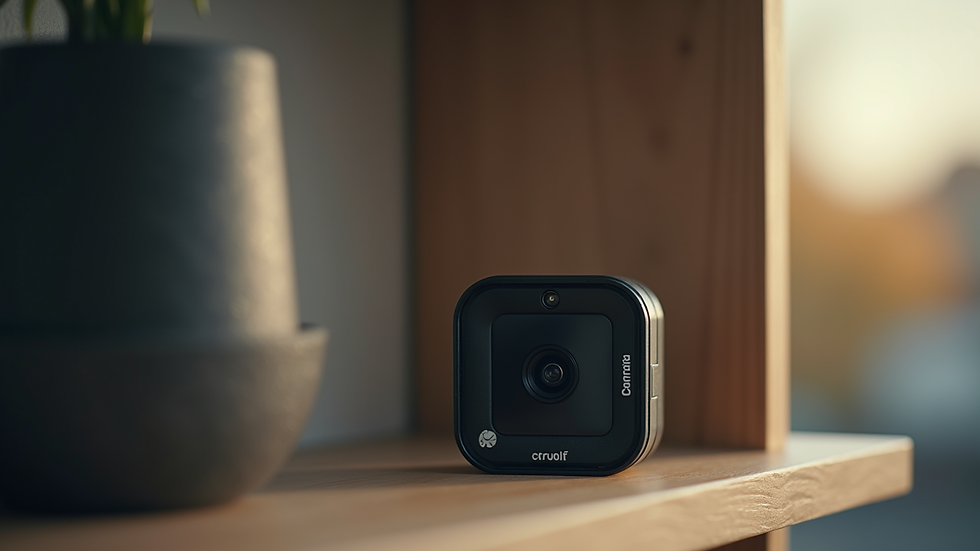 Eye-level view of a dashcam used as a home security camera on a shelf
