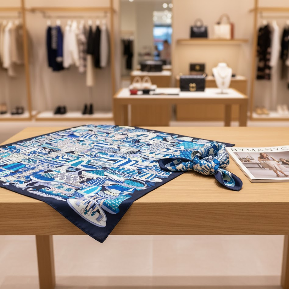Blue patterned silk scarf on wooden table in luxury boutique.
