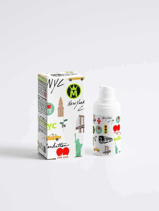White skincare bottle and box with NYC, New York, Manhattan illustrations.