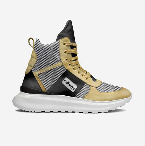 Stylish high-top sneaker, black, gold, grey, white sole, "evidente" text.