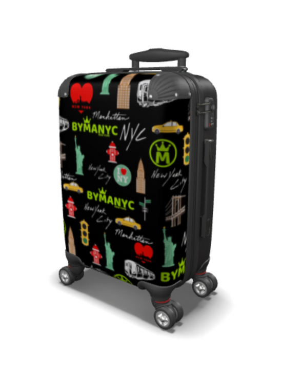 Black suitcase with BYMANYC, New York City themed patterns and icons.