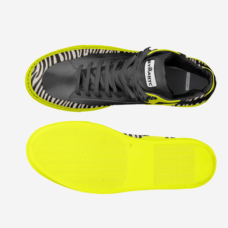 Pair of high-top sneakers, black leather, neon yellow sole, zebra trim BYMANYC.