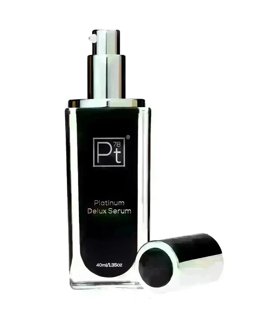 Black "Pt 20 Platinum Deluxe Serum" bottle, 40ml/1.35fl.oz, silver pump.