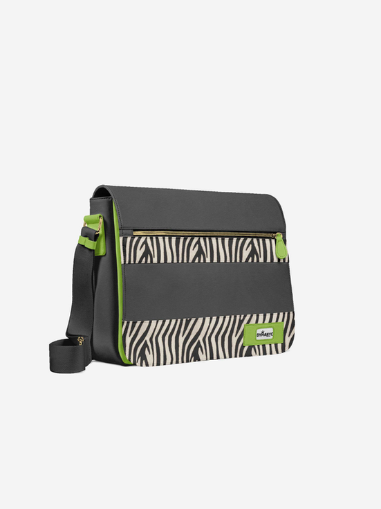 Black messenger bag with zebra print and lime green accents, side view.