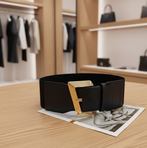 Wide black leather belt with gold buckle in upscale fashion store.