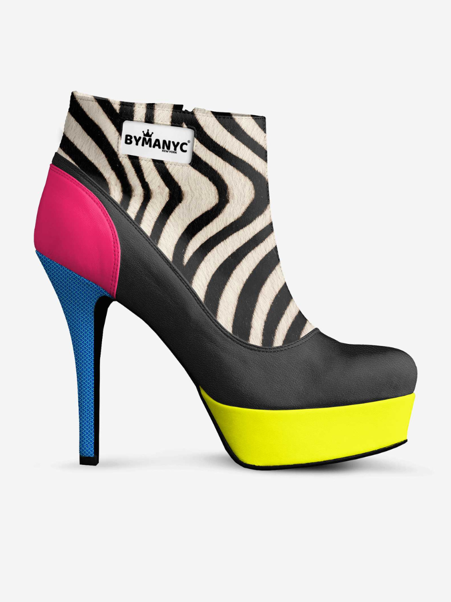 High heel ankle boot with zebra print, colorful accents, BYMANYC logo.