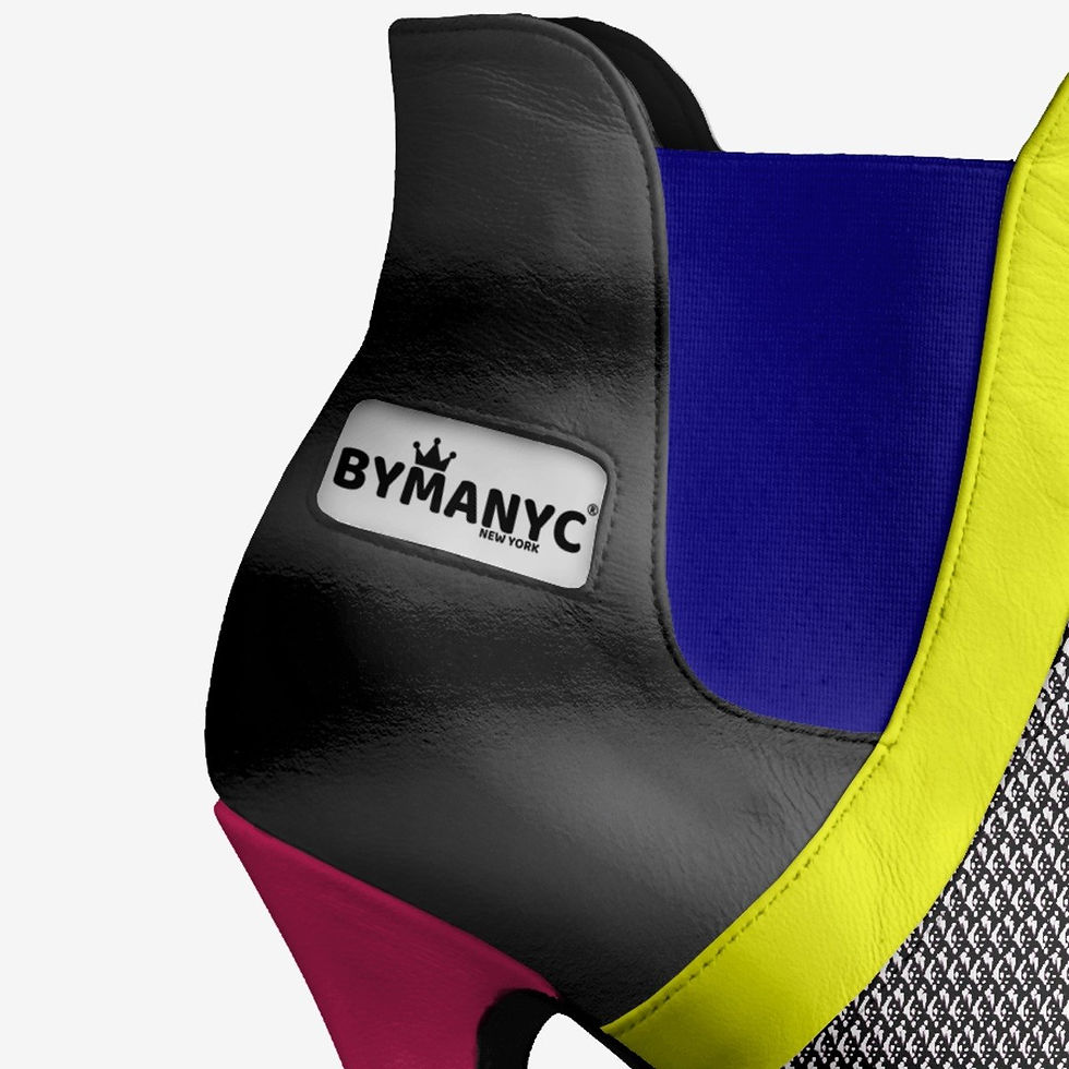 Miniatura: Closeup of stylish multi-colored BYMANYC high-heeled boot, black, blue, yellow, pink.