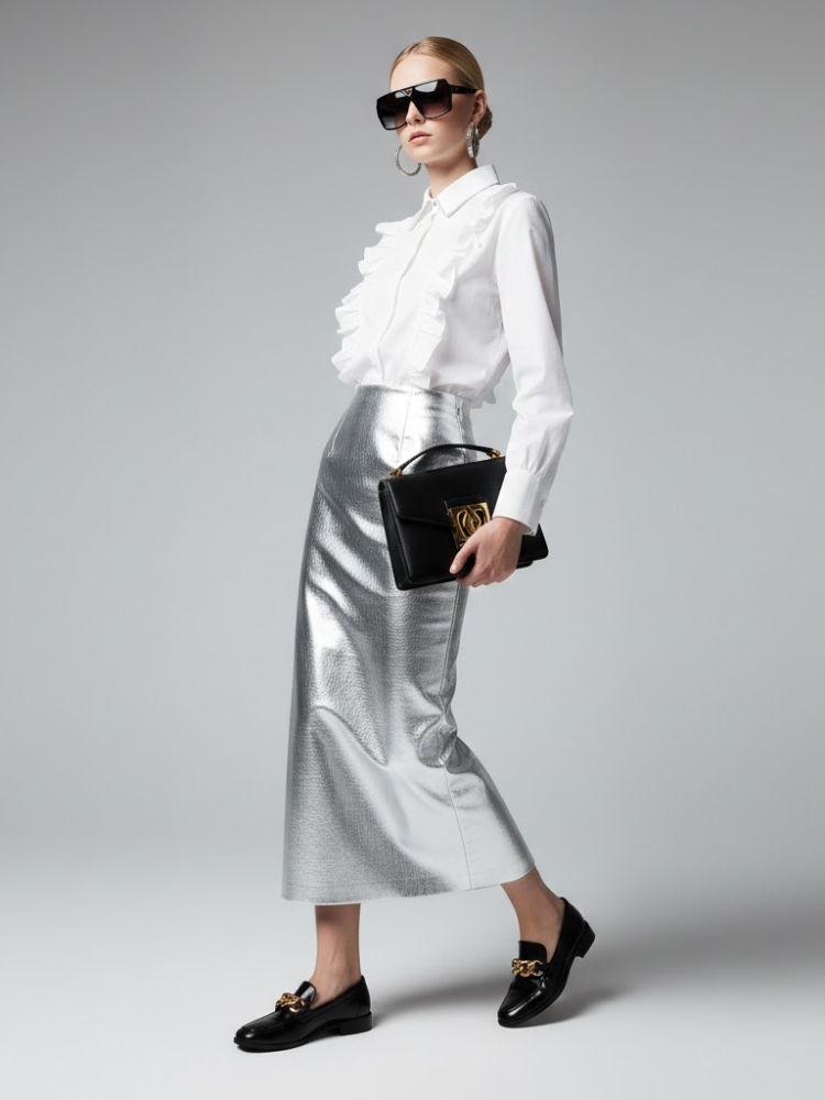 Miniatura: Woman wearing white ruffled shirt, shiny silver midi skirt, black handbag.