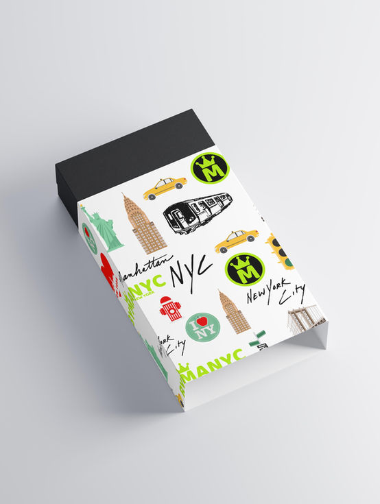 White box, NYC icons, Manhattan, NYC, New York City, BYMANYC branding.