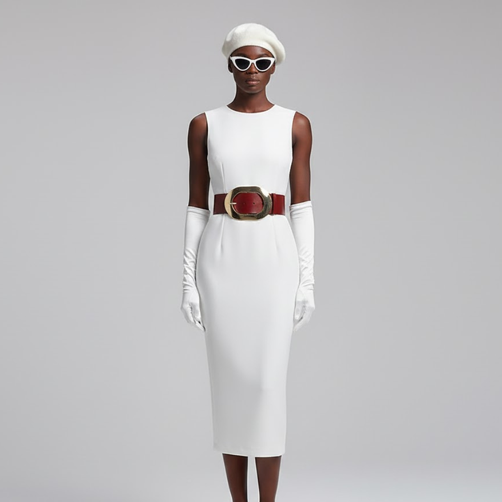 Mannequin in white sleeveless midi dress, beret, gloves, and red belt.