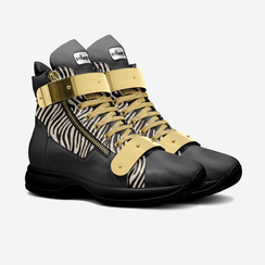 Black high-top sneakers, zebra print, gold buckles, laces, and zippers.