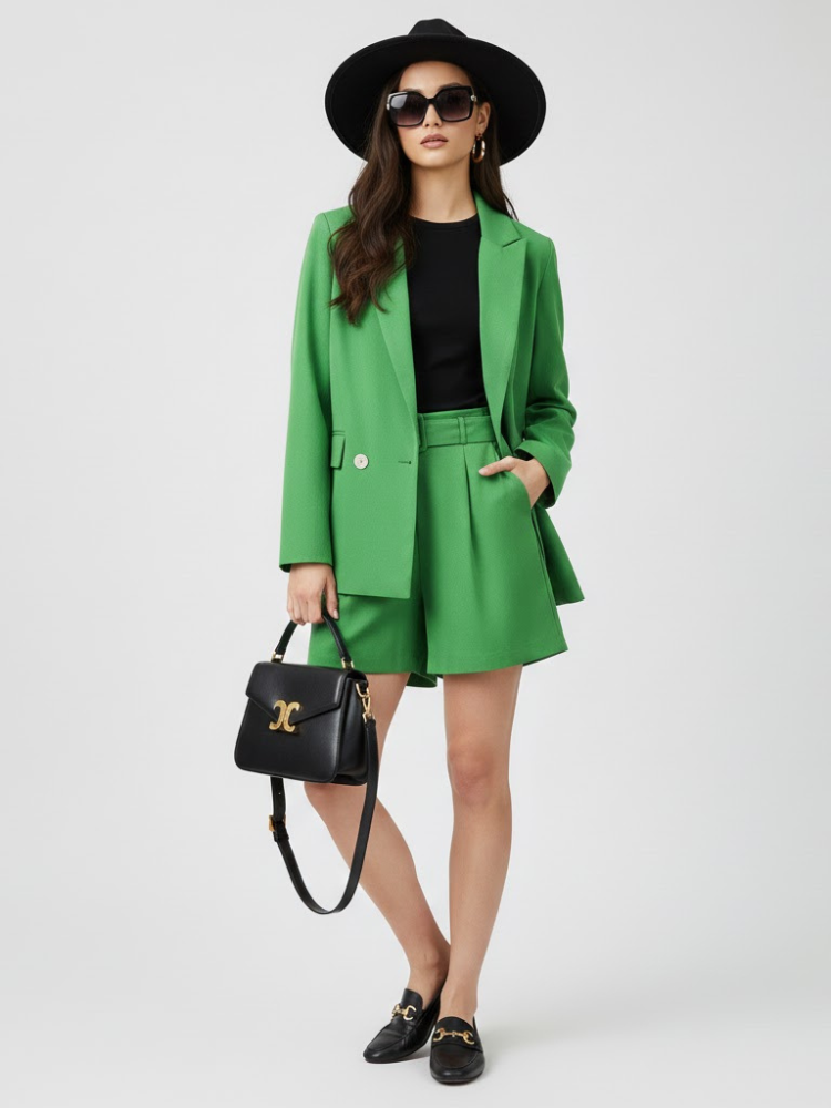 Woman in stylish green blazer, matching shorts, black top, hat, handbag.
