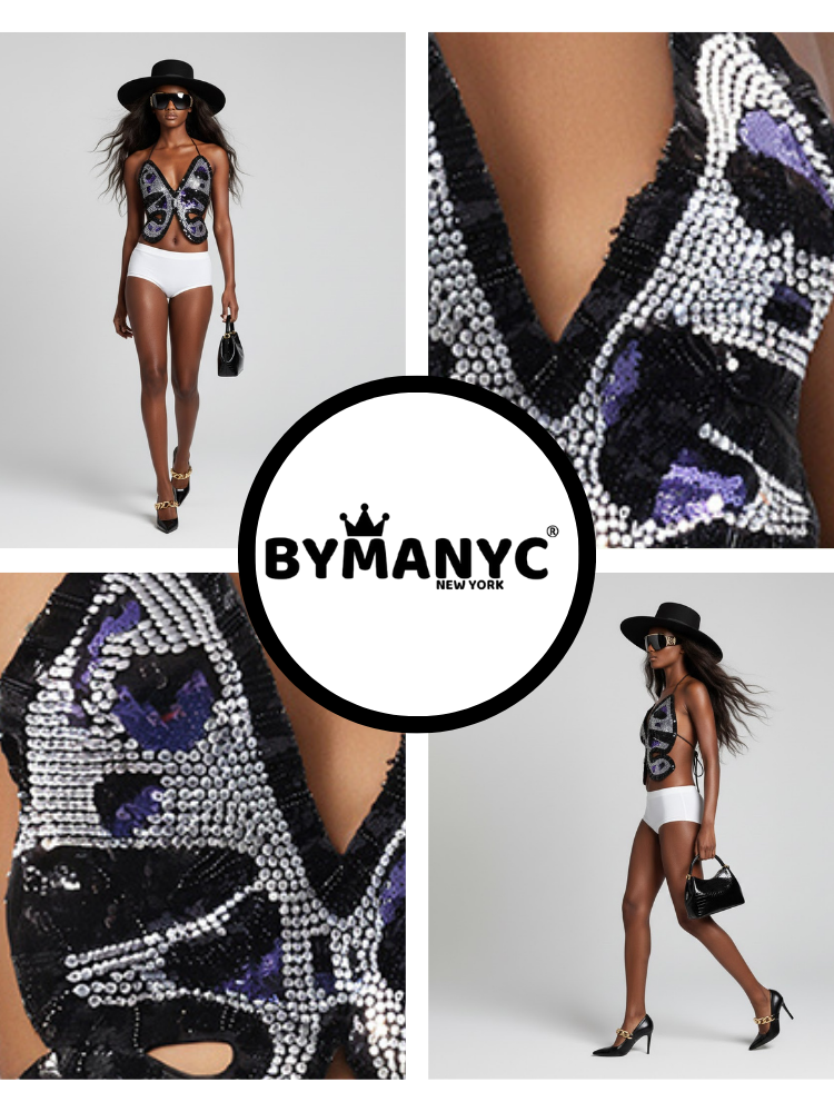 Thumbnail: Woman models sequined butterfly top, white shorts, BYMANYC NEW YORK logo.