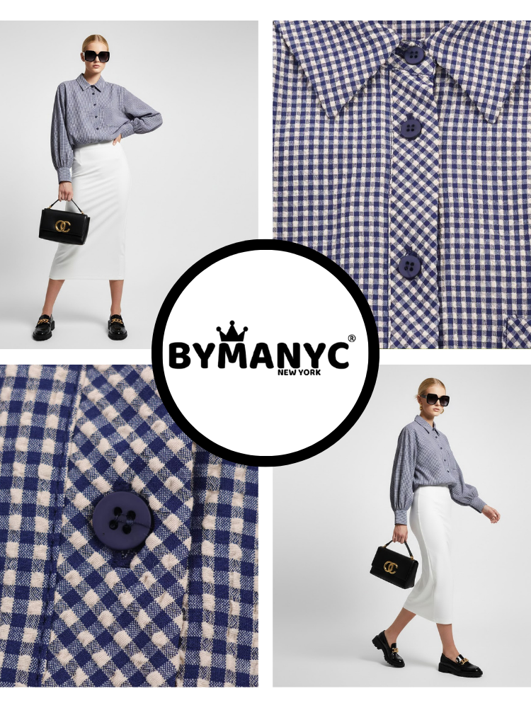 Thumbnail: Woman modeling blue gingham shirt, white skirt, BYMANYC NEW YORK logo.