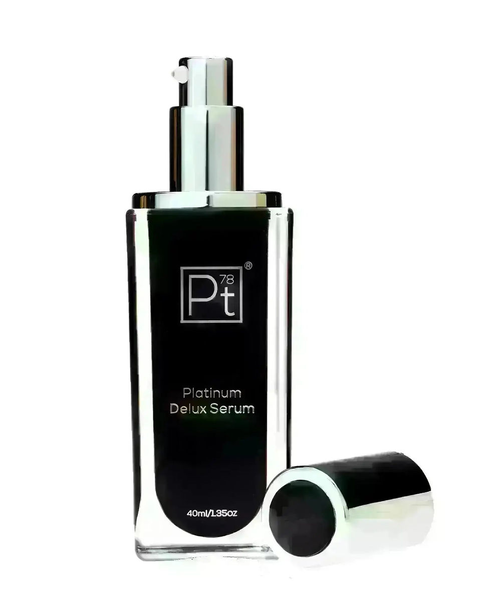 Miniatura: Sleek black "PT Platinum Deluxe Serum" 40ml pump bottle, open cap.