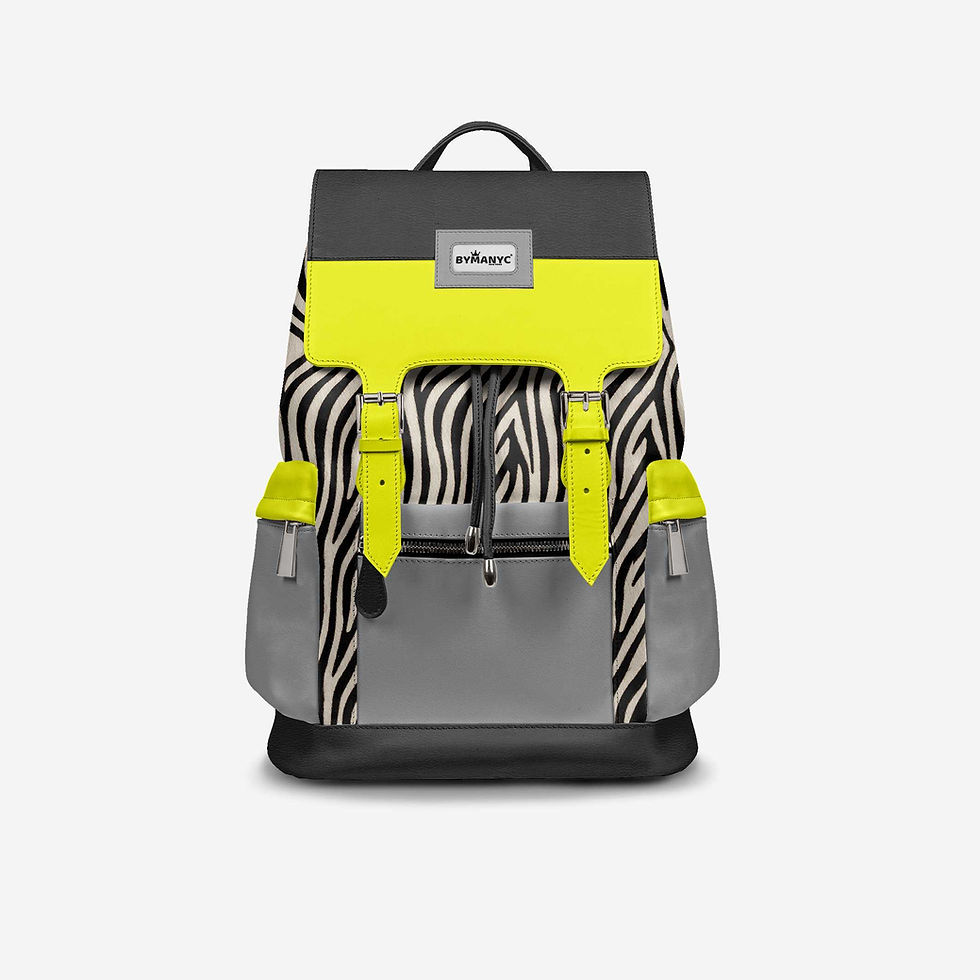 Stylish zebra print neon yellow and grey backpack with black trim.