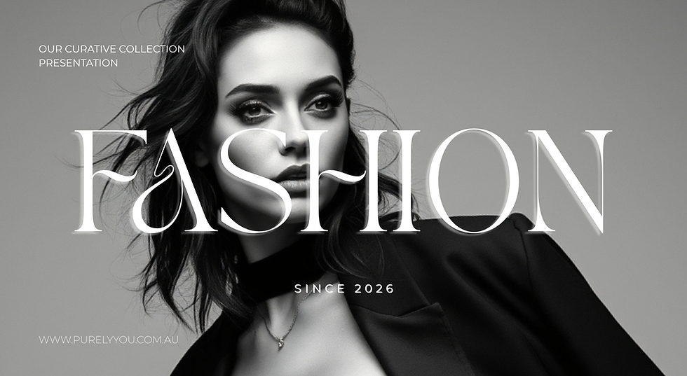 Model in black blazer with Fashion presentation text