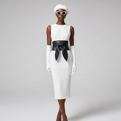 Elegant woman in white dress, beret, sunglasses, long gloves, black belt.