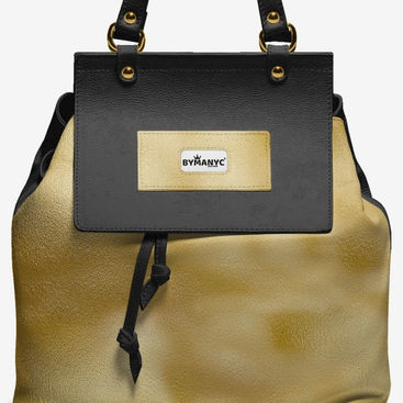 Elegant gold and black backpack with prominent BYMANY brand label.