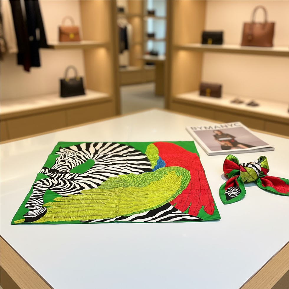 Green scarf with zebra stripes and colorful parrot on white table