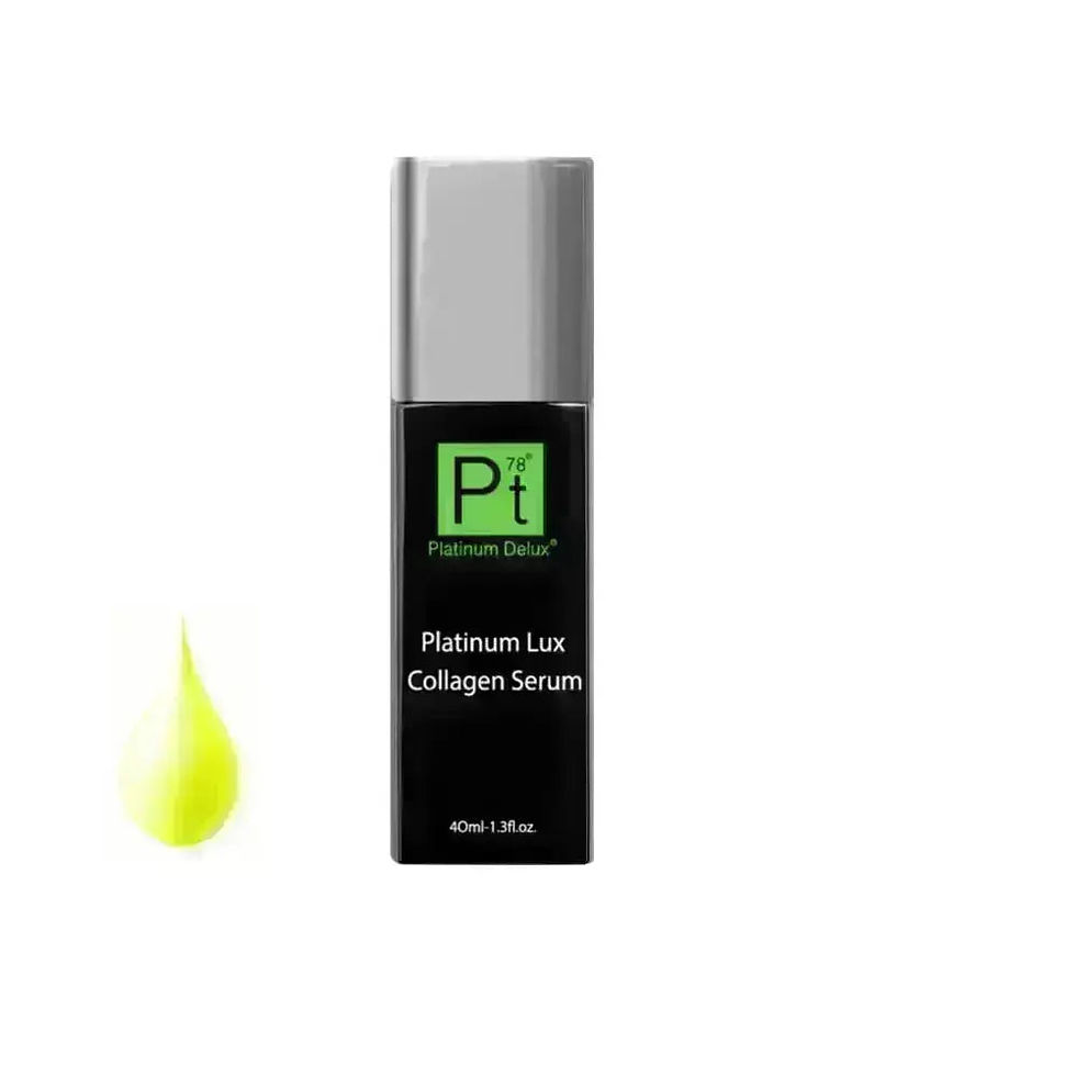 Black bottle Platinum Deluxe Platinum Lux Collagen Serum with a green drop.