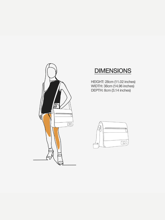 DIMENSIONS: woman wearing bag, H 28cm, W 38cm, D 8cm.