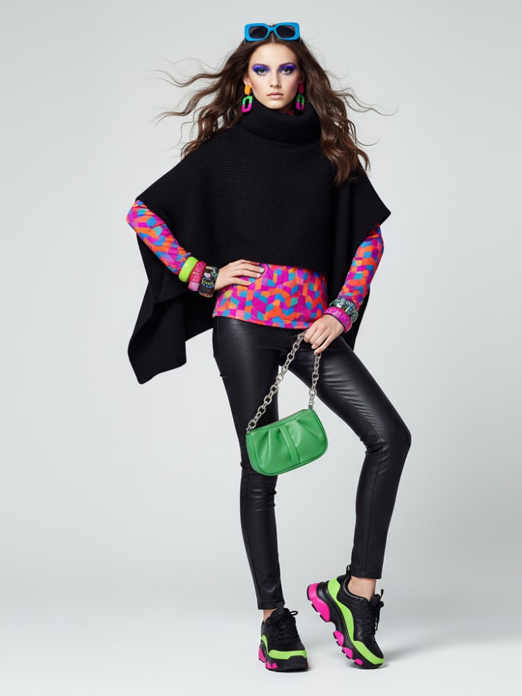 Thumbnail: Fashionable woman poses in black poncho, colorful shirt, leather pants, green bag.