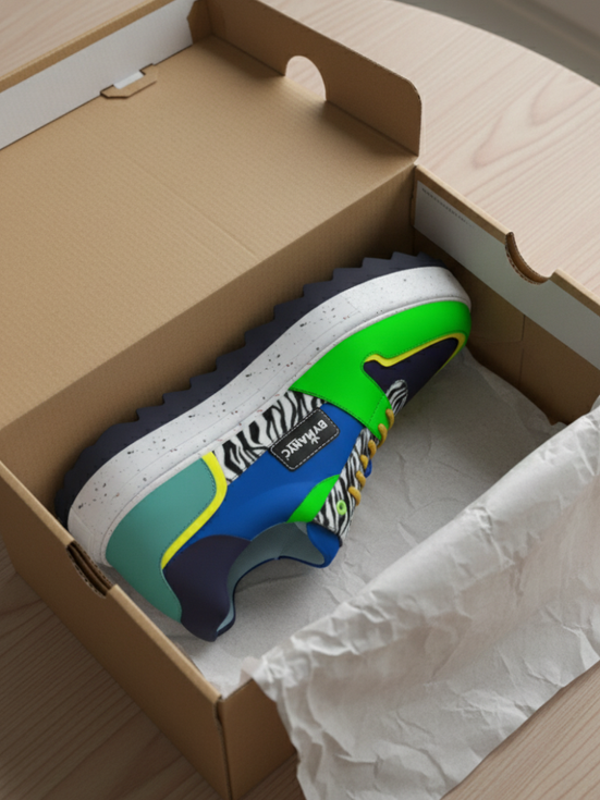 Colorful B'Blingz sneaker in cardboard shoebox with white tissue paper.
