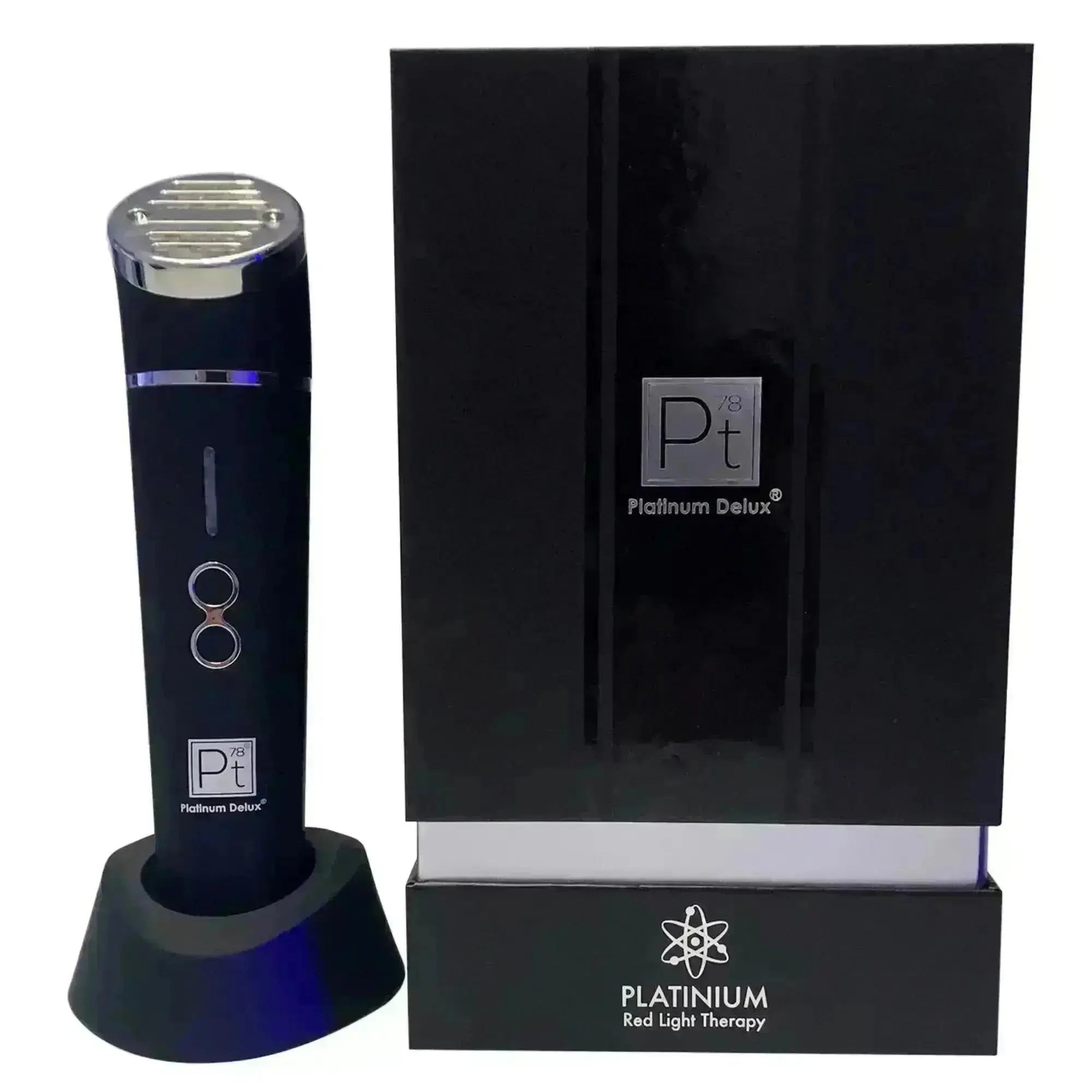 Platinum Swiss Red Light Therapy device, charging base, and black box.