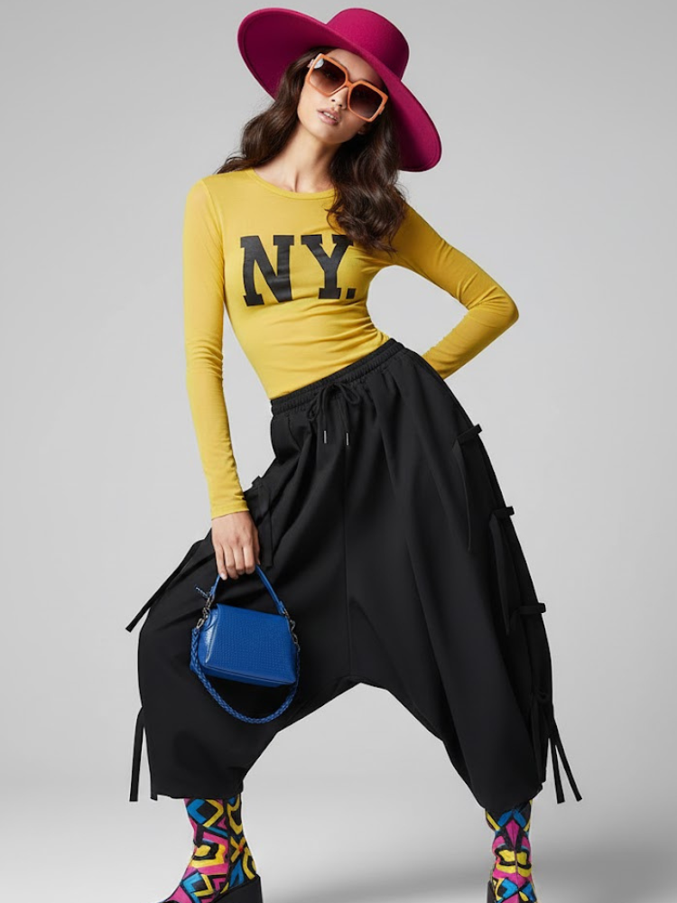 Thumbnail: Fashionable woman in yellow NY shirt, black harem pants, fuchsia hat, blue bag.
