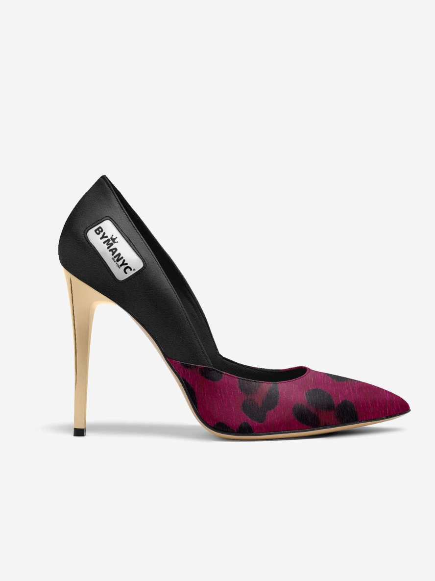 BYMANYC high heel shoe, black, gold stiletto, pink leopard print.