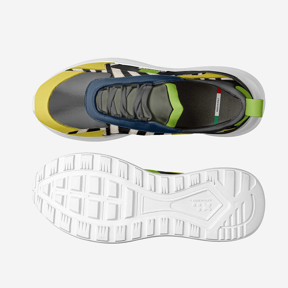 Miniatura: Top view and sole of a yellow, gray, blue athletic running shoe.