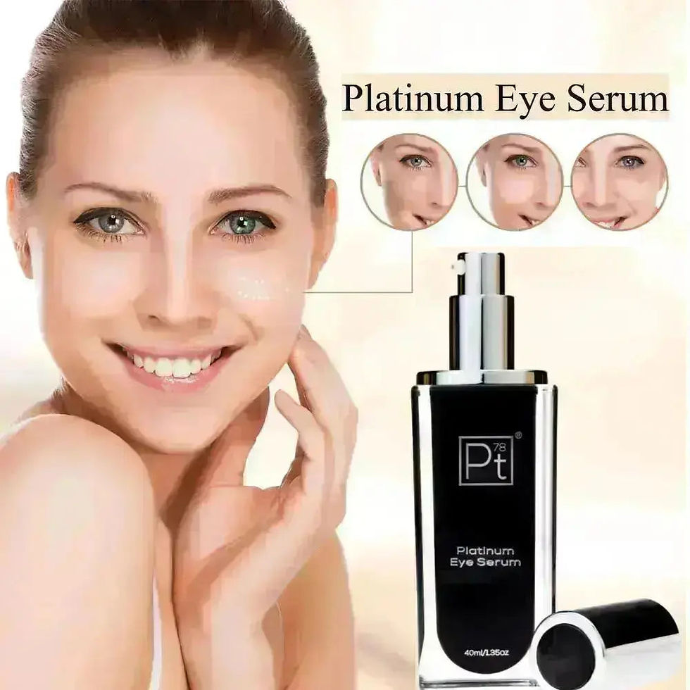 Smiling woman modeling Platinum Eye Serum bottle with before/after eye results.