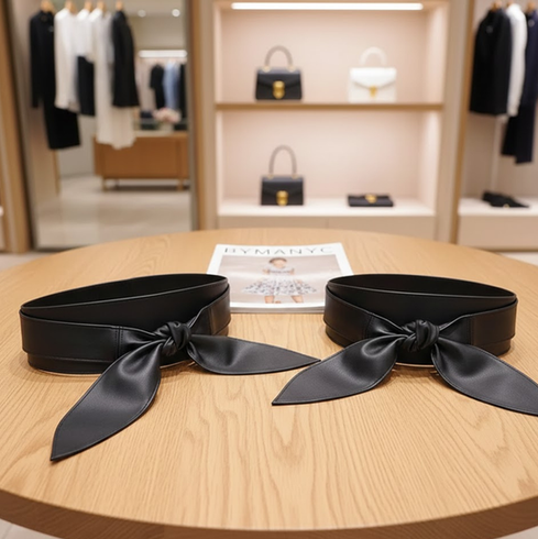Two black leather tied belts on a wooden table in a boutique.