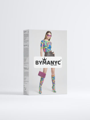 Woman in colorful outfit and shades, holding purse, BYMANYC New York box.